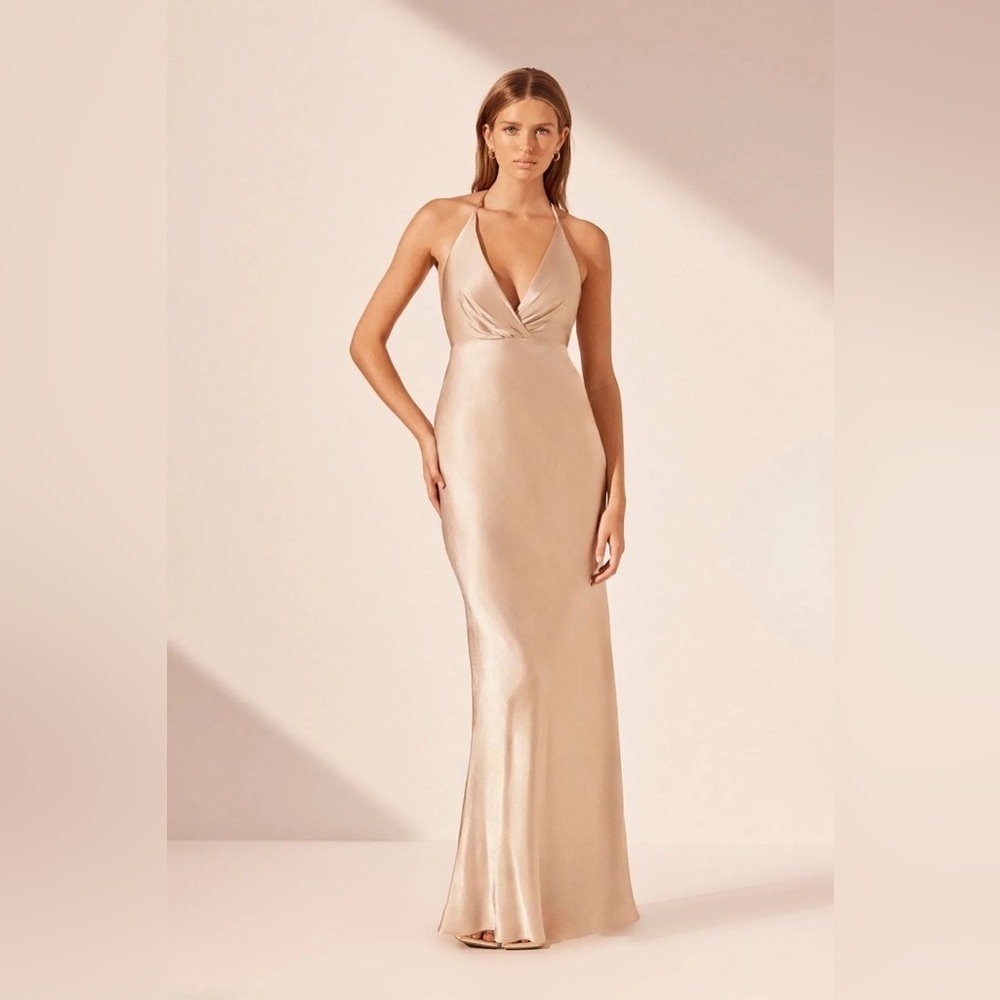 Shona Joy | La Lune Plunged Open Back Halter Maxi Dress Size 2 Gold